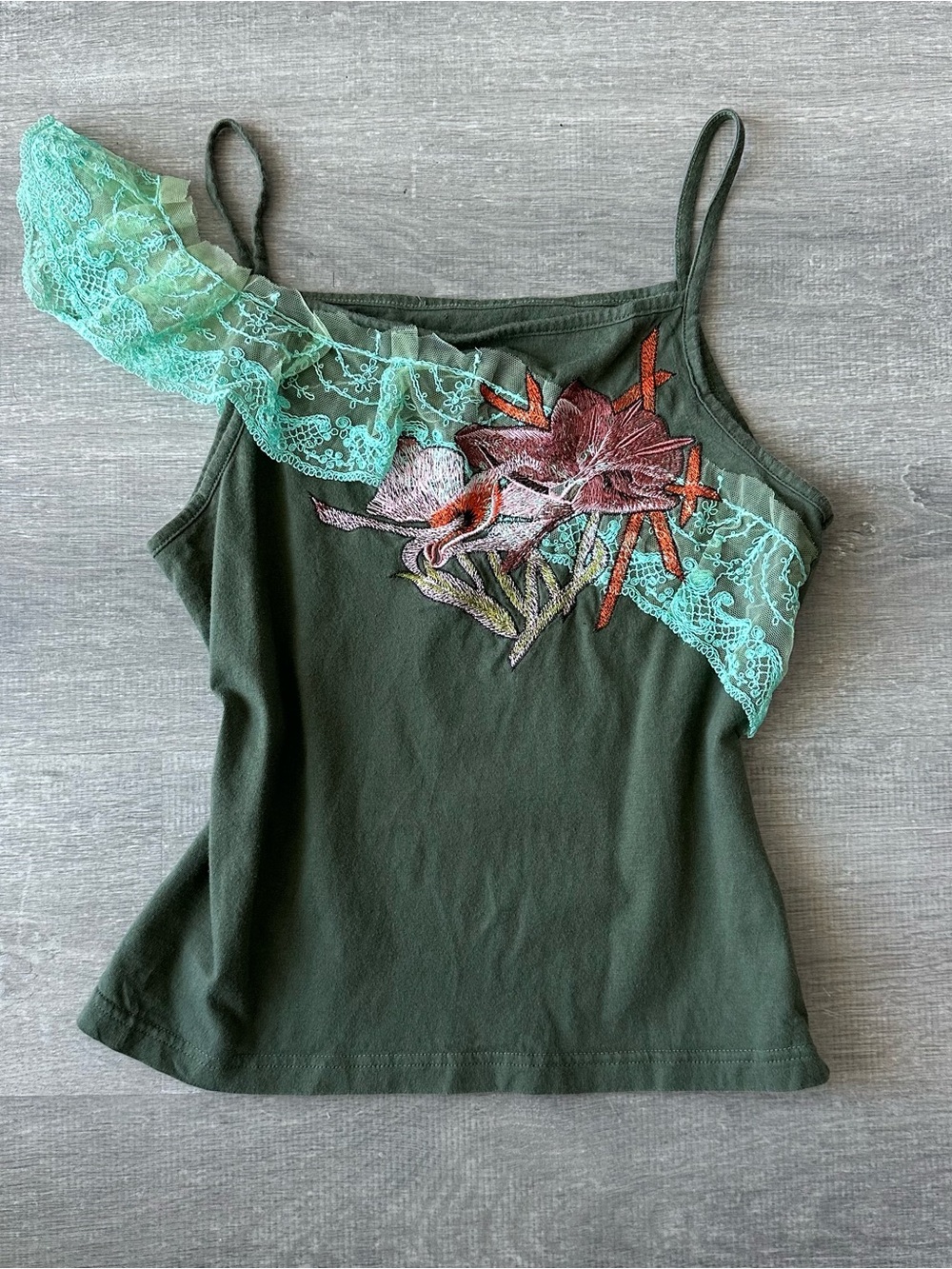 Y2K Olive Green Embroidered Floral Cami with Lace Trim Fairycore Whimsigoth
